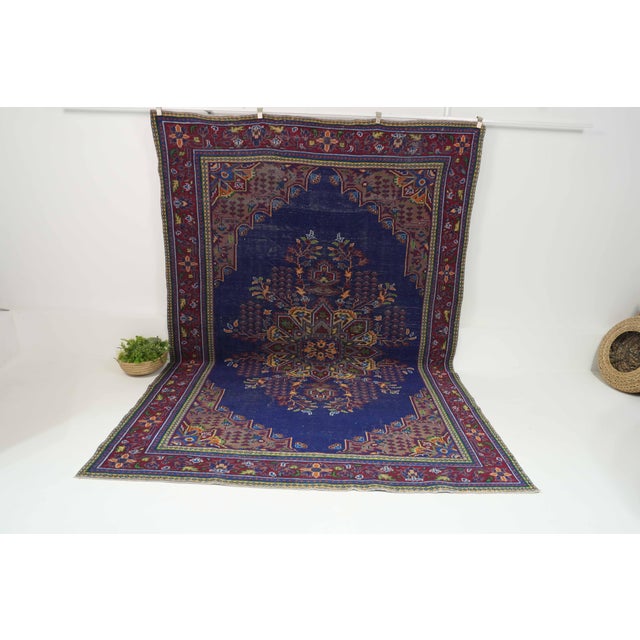 Blue 1970s Vintage Turkish Handmade Wool Cotton Blue Area Rug For Sale - Image 8 of 12