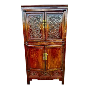 Early 19th Century Antique Qing Dynasty Chinese Carved Bird Floral Rose Wood Compound Cabinet