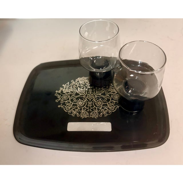 Mid 20th Century Mid 20th Century Black Couroc Tray With Silver Bird and Floral Inlay For Sale - Image 5 of 6