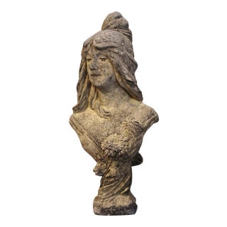 Early 20th Century French Weathered Cast Stone Garden Statuary Female Bust For Sale