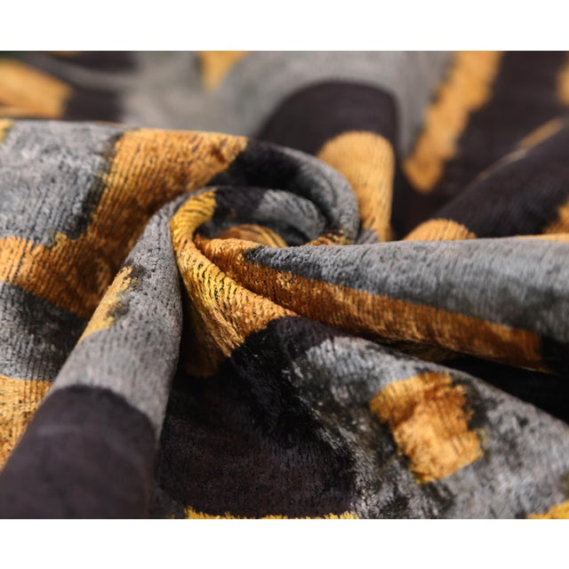 Bronze and Blue Geometric Silk Velvet Pillow 16x24 Handmade Luxury Cushion For Sale - Image 4 of 8