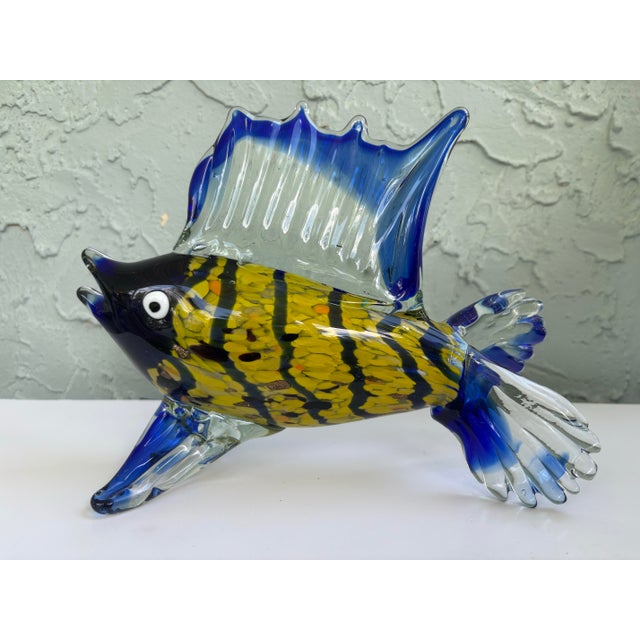 Late 20th Century Handblown Art Glass Tropical Fish Sculpture With Gold Aventurine Inclusions, Cobalt Blue & Yellow For Sale - Image 4 of 10