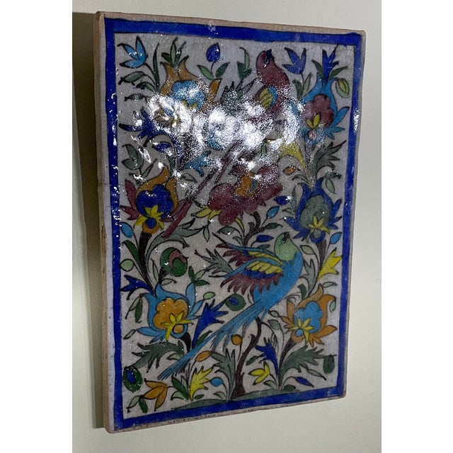 Tribal Vintage Persian Ceramic Tile Hand Painted Polychrome Birds & Florals Qajar Style For Sale - Image 3 of 12