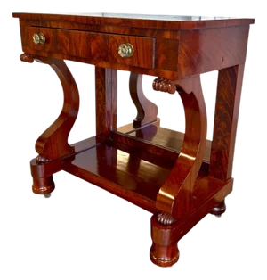 Antique French Empire Style Flame Mahogany Console Table With Mirror.