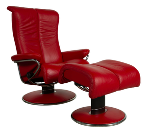 Set of Lounge Chair and Ottoman in Red Leather from Stressless
