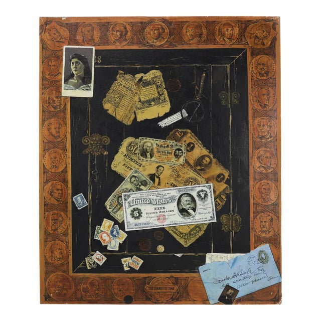 Vintage Trompe l'Oeil Americana Oil Painting With Presidential Border For Sale