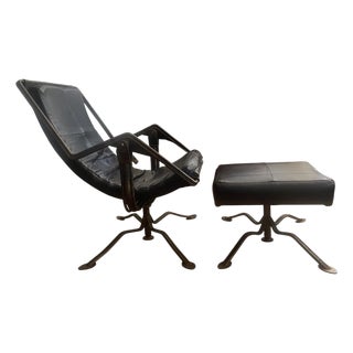 Architectural Motorcycle Leather Rocker Lounge Chair W/Ottoman Attributed to Joshua Height For Sale