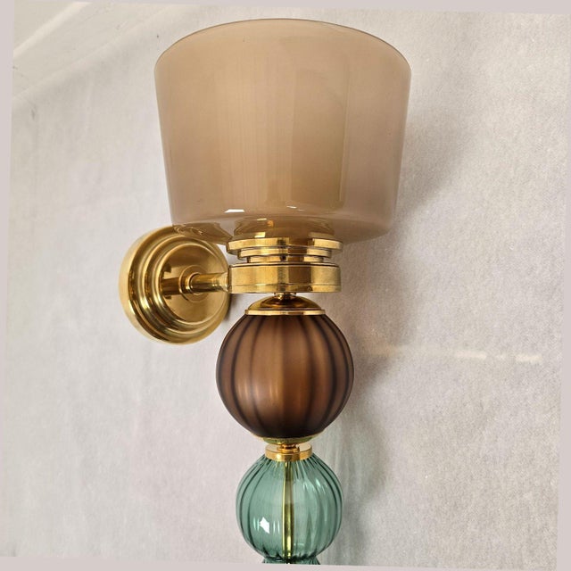 Metal 1990s Petrol Blue, Beige Murano Glass Sconces - a Pair For Sale - Image 7 of 15