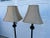 Black Vintage Mid-Century Rustic Ebony With Brass Metal Floor Lamps With Square Stacked Base and Beige and Brown Speckled Flared Shades - a Pair For Sale - Image 8 of 13
