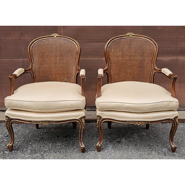 French Late 20th Century Pair Century Furniture Lpuis XV Style Walnut Cane Back and Upholstered Fauteuils For Sale - Image 3 of 12