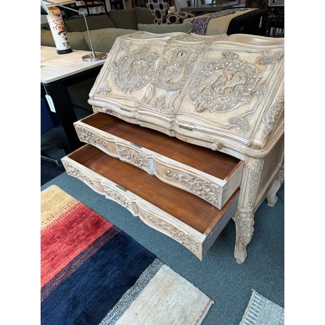French Bleached + Carved Oak Wood Louis XV Secretary For Sale - Image 4 of 12