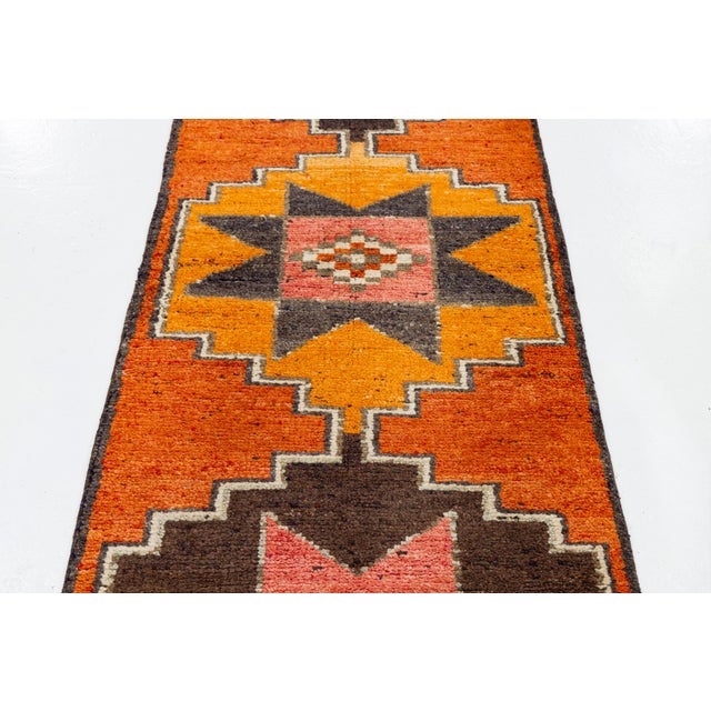 Burnt Orange 3 X 10 Vintage Turkish Wool Runner in Burnt Orange With Tribal Geometric Motifs For Sale - Image 8 of 10