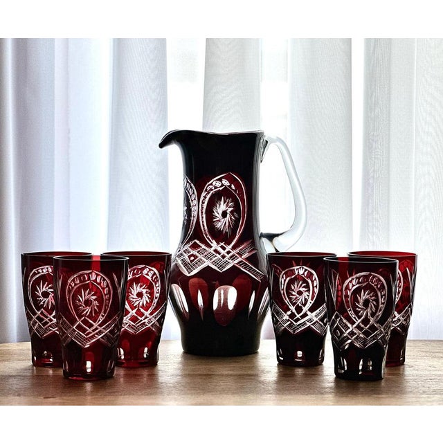 Vintage Ruby Red Cut to Clear Glass Pitcher and Glasses, Set of 7 For Sale - Image 10 of 10