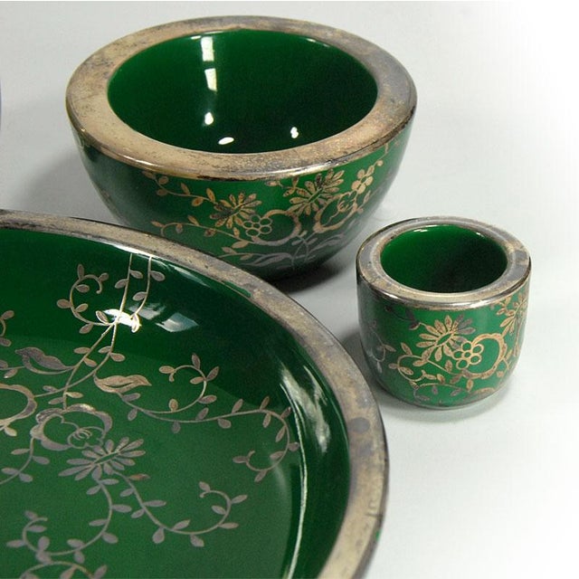 Silver Overlay Green Ceramic Set from C&P Firenze, Italy, 1950s, Set of 4 For Sale - Image 9 of 12