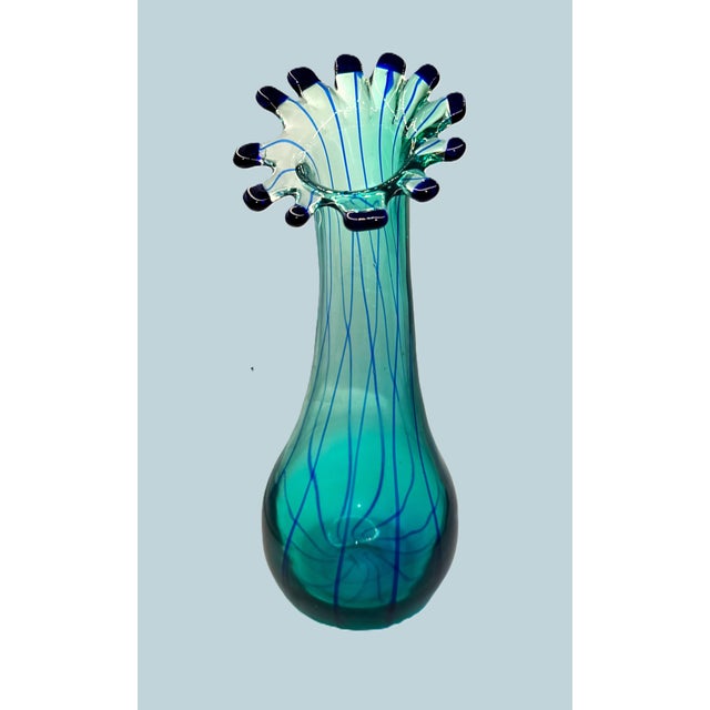 Art Deco Late 20th Century Hand‑Blown Aqua & Cobalt Art Glass Ruffled Rim Vase For Sale - Image 3 of 8