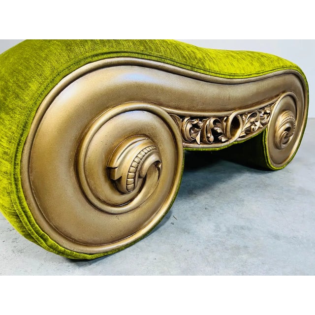 1980s Hollywood Regency Scrolled Velvet & Gold-Gilt Ionic Capital Upholstered Bench For Sale - Image 5 of 8