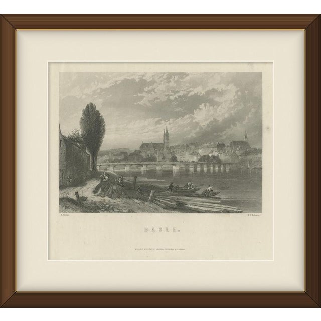 This antique steel engraving of basel, lettered with the old english spelling "basle", shows the swiss city seen across...