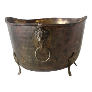 Vintage English Style Brass Oval Footed Lion Head Hoop Handles Jardiniere For Sale