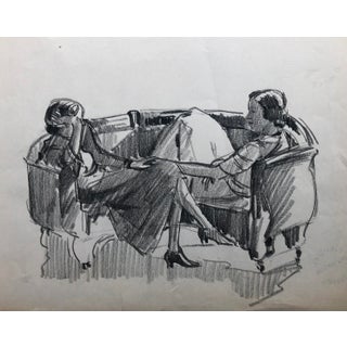 1930s Norman Kent Drawing of Two Ladies Talking For Sale