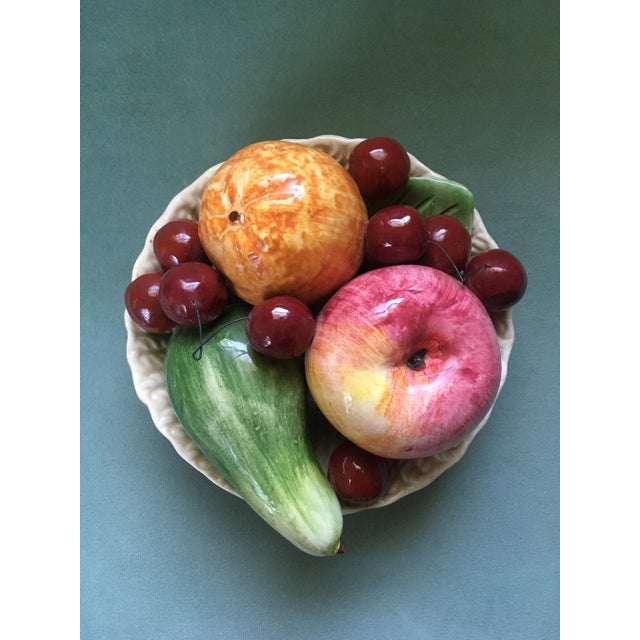 Italian Vintage 1950s Bassano Italy Faux Fruit Woven Basket Ceramic Bowl For Sale - Image 3 of 13
