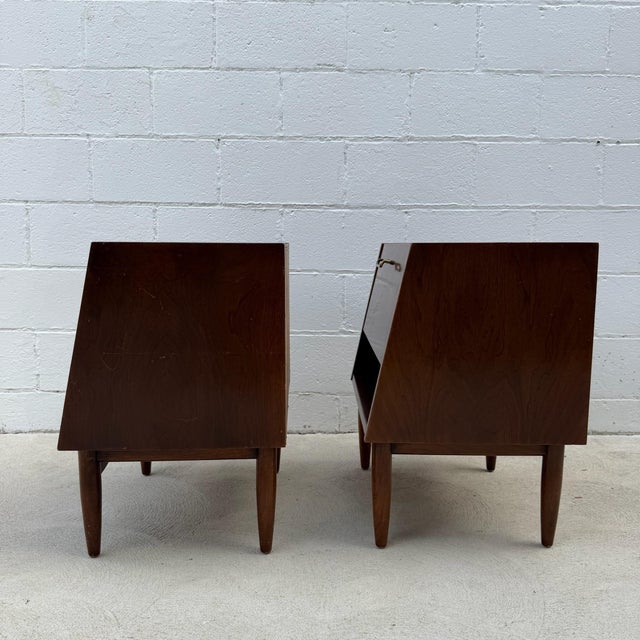 Mid 20th Century Pair of American of Martinsville “Dania” Walnut Drop-Down Mid Century Modern Nightstands For Sale In Cleveland - Image 6 of 12