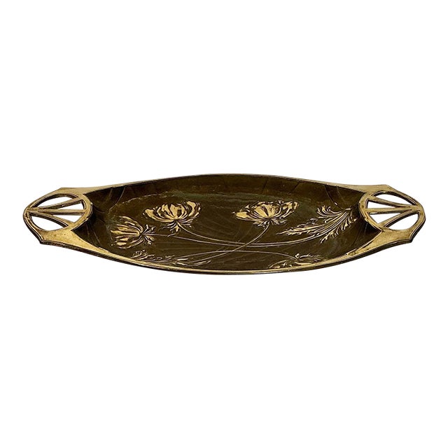 Antique Art Nouveau Brass Decorative Serving Tray Floral Motifs, Late 19th-Early 20th Century For Sale