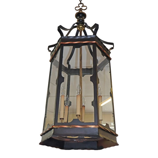 1990s Large 6 Light Regency Style Wrought Iron Black & Gold Chandelier Lantern For Sale
