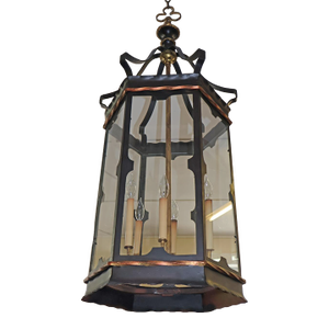 1990s Large 6 Light Regency Style Wrought Iron Black & Gold Chandelier Lantern
