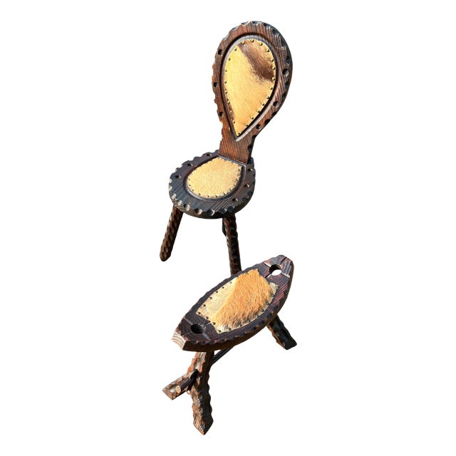 Set of Spanish Tripod Birthing Chair and Ottoman with Goatskin, 1960s For Sale