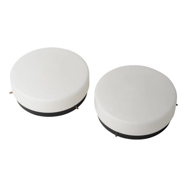 Round Black Lacquered Metal, Brass and Milk Glass Sconces, France 1960s For Sale