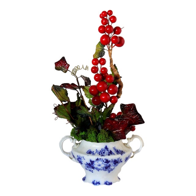 Victorian Flow Blue Centerpiece With Winter Foliage - C. 1880 For Sale