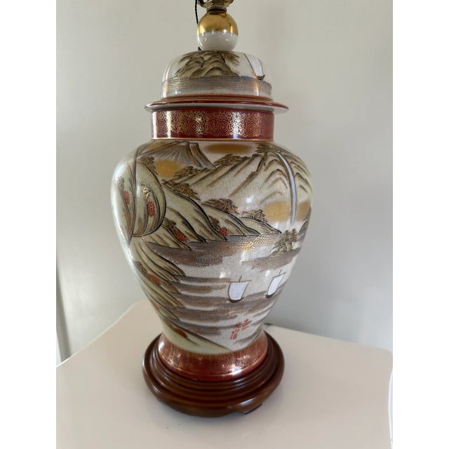 Wood Set of Two Early 20th Century Fujita Kutani Porcelain Mt. Fuji Lamps For Sale - Image 7 of 12