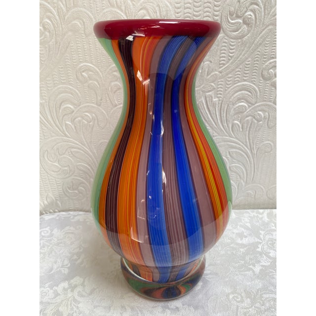 Vintage Millefiori Striped Italian Murano Attributed Heavy Glass Paperweight Vase For Sale - Image 10 of 11