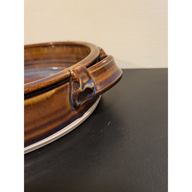 Mid-Century Modern 1970s Art Pottery Oval Handled Serving Dish For Sale - Image 3 of 9