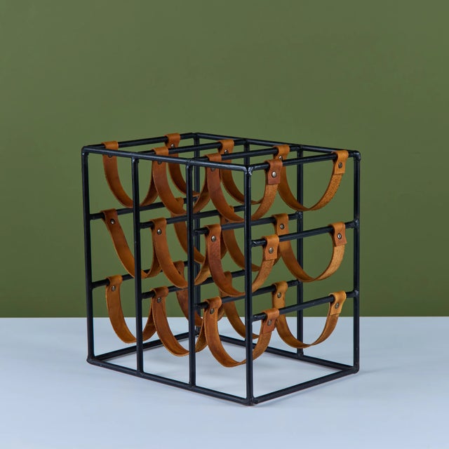 Mid 20th Century Arthur Umanoff Wrought Iron and Leather Wine Rack For Sale - Image 9 of 17