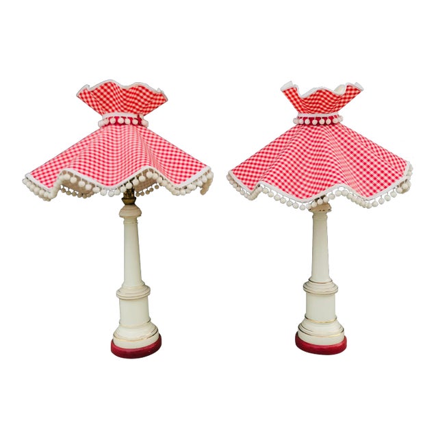 A Pair of Cottage-Core Stiffel Attributed Brass and White Porcelain Table Lamps With Gingham Red Shades For Sale