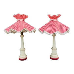 A Pair of Cottage-Core Stiffel Attributed Brass and White Porcelain Table Lamps With Gingham Red Shades