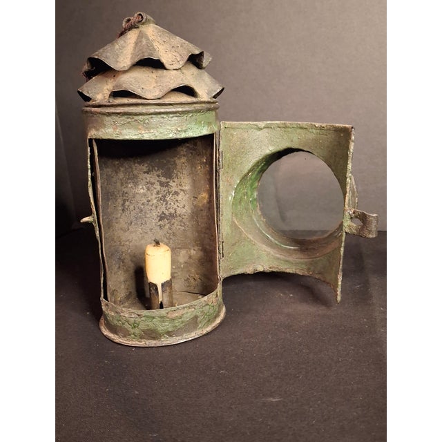 Antique Tin Bullseye Candle Lantern Crimped Top Green Painted Belt Lamp For Sale - Image 15 of 18
