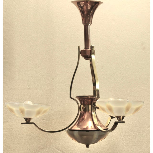1930s French Opalescent 3-Arm Chandelier in Brass and Glass from Petitot, 1930s For Sale - Image 5 of 16