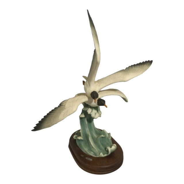 Vintage Coastal Bird Sculpture With Waves on Wooden Base For Sale