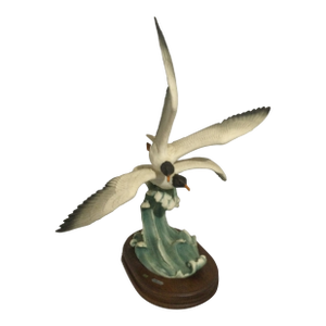 Vintage Coastal Bird Sculpture With Waves on Wooden Base