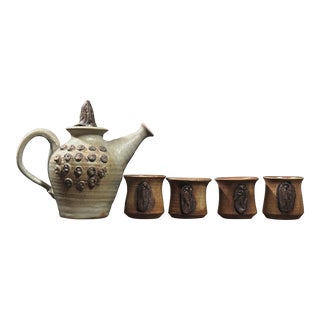 Vintage Abstract Hand Built Brutalist Teapot With Four Yunomi, Signed For Sale
