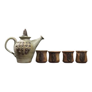 Vintage Abstract Hand Built Brutalist Teapot With Four Yunomi, Signed
