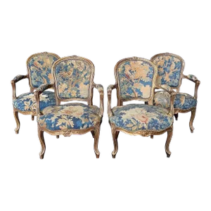 Antique Louis XV Bird Tapestry Armchairs -Set of 4