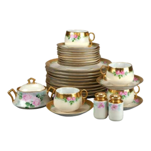 Antique Limoges 28 Piece Hand Painted & Gilt Pink Rose Porcelain Tea Set, Circa 1900