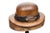 A carved wooden hat block shaped like a bowler hat with a weathered wood grain and scattered workshop nail holes, domed...
