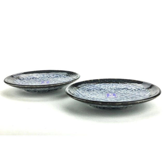 Japanese Japanese Sousaku Blue Ocean Waves Design Glazed Ceramic Sake Soy Sauce Plates - a Pair For Sale - Image 3 of 10