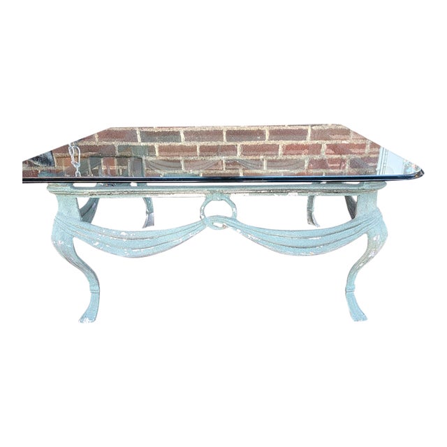 1980s French Style Patio Coffee Table Glass Top For Sale