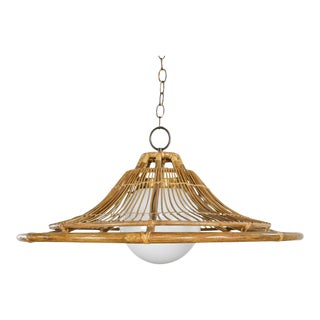 Vintage Mid-Century Modern Rattan Bell Shaped Pendant Light With Milk Glass Globe & Brass Plated Accents For Sale