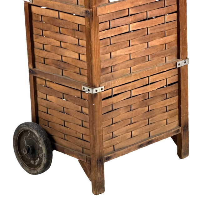 Antique 1910s Woven Splint Wood Rolling Cart Utility Basket / Wheeled Shopping Trolley For Sale - Image 12 of 18